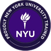 N Y U badge that reads proudly New York University trained